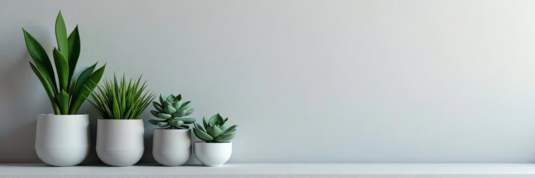 Minimalist succulents in pots, gray wall background , details, bedroom, minimalist