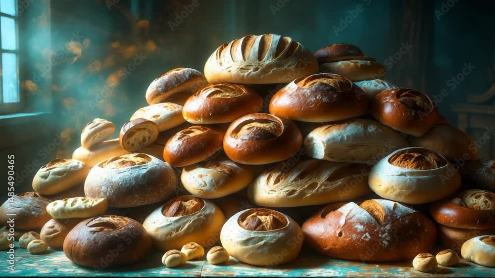 Poster a heap of bread with multiple shapes and sizes