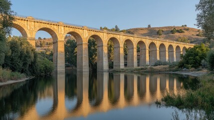 Fototapeta premium Stone arch bridge over calm river, serene reflection