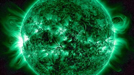Grüne UV-Darstellung der Sonne mit sichtbarer Magnetaktivität
