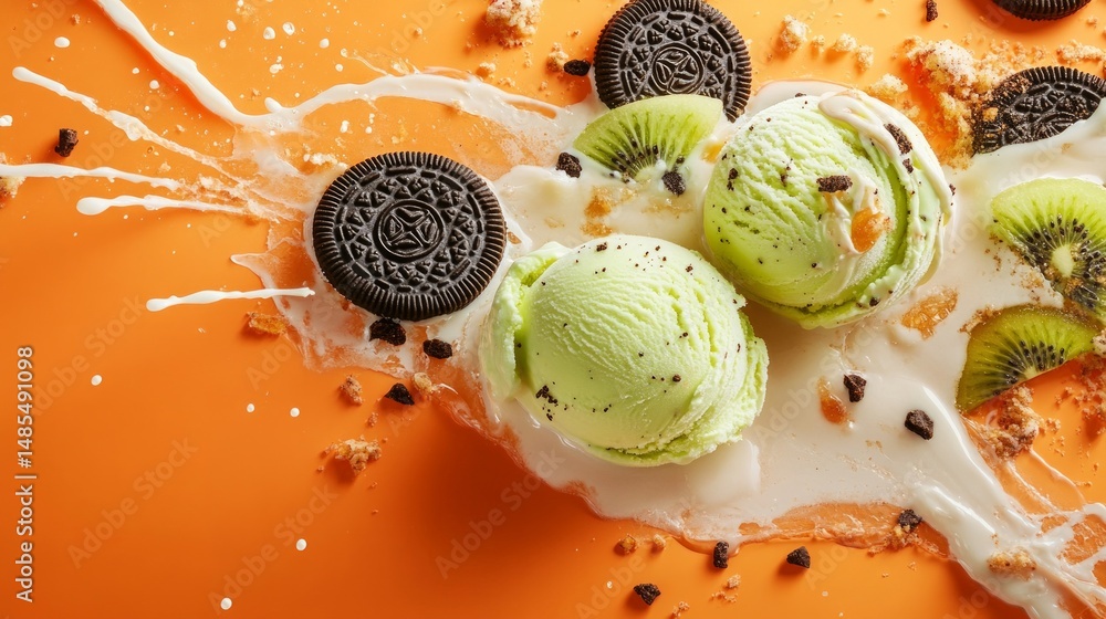 Poster a green ice cream cone with a cookie on top and a kiwi slice on the side
