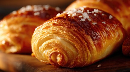 Close-up of golden-brown pastries with flaky layers