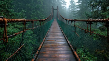 Fototapeta premium Misty suspension bridge through a dense forest.