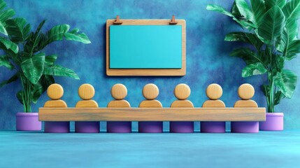 Minimalist wooden figures seated at a long table in a vibrant room with potted plants and a blank blue board on the textured wall, evoking a modern meeting or presentation setting