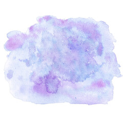 Soft purple, lilac and blue watercolor stain with splatter. Watercolor background. Auxiliary design elements. Hand-drawn watercolor illustration