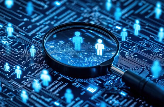 Digital workforce analysis.  A magnifying glass focuses on two person icons, highlighting individuals within a complex network of  circuit board, signifying workforce analysis and management