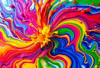Fototapeta premium Vibrant rainbow paint explosion; swirling, abstract, multicolored, splash, artistic, colorful background, energy, fluidity