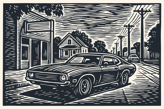 Linocut style vector illustration of a classic American muscle car on a quiet suburban street. Vintage automotive design. Retro, nostalgic scene.