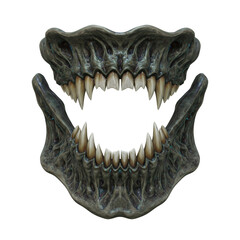 Monstrous jaw with sharp curved fangs open