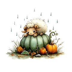 Adorable Lamb Sitting on a Large Green Pumpkin in the Rain. A charming autumnal illustration featuring a cute fluffy lamb and pumpkins.