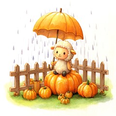 Adorable Sheep Under an Umbrella Sitting on a Giant Pumpkin in the Rain.