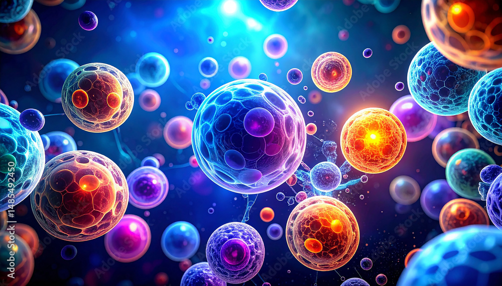 Poster cellular universe: an intricate, vibrant depiction of the microscopic world, showcasing an array of 