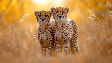 Fototapeta premium Synchronized cheetahs in the wildlife reserve can be found resting, yet they remain alert and prioritize their family bonds