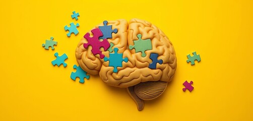 Yellow background, human brain puzzle, memory training concept,  technology,  solution