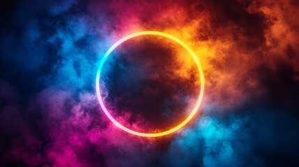 Fototapeta premium The image features a dark blue background with a neon ring in shades of pink and blue and a fluffy white cloud floating in a fisheye perspective