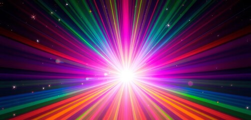 Obraz premium Vibrant rainbow sunburst background with glittering stars, powerful, galaxy