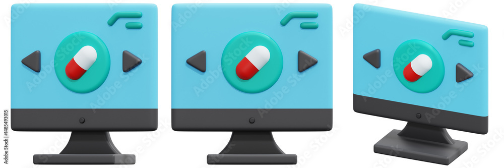 Poster set of a computer screen showing a pill icon 3d render icon illustration