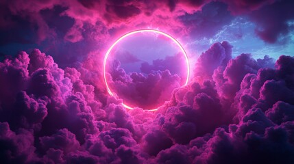 Against a dark blue backdrop, a fluffy white cloud floats beside a neon ring that gradates from pink to blue, captured in a fisheye lens