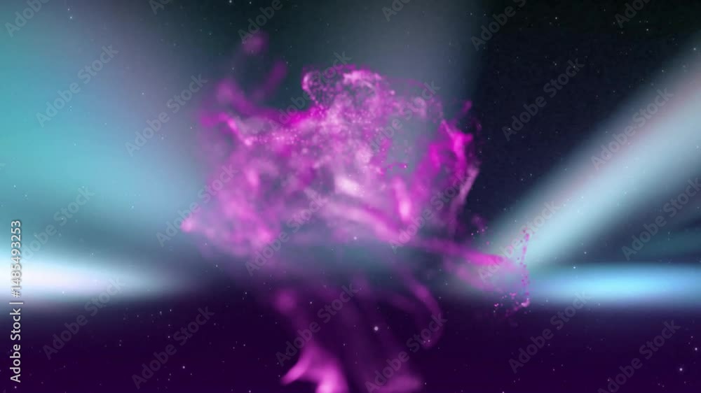 Poster swirling magenta particle cloud floating in deep space, in 3d view with teal beams and specks