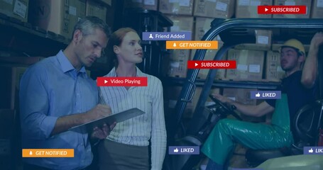 Warehouse team operating forklift in logistics aisles, highlighting social media icons on racks