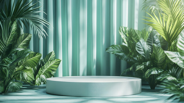 Vibrant Tropical Scene with Lush Palm Plants and Soft Curtains for Modern Interior Decor