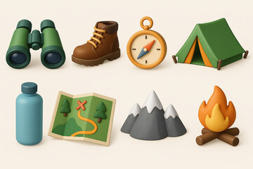 Camping adventure 3d icon set - gear, nature, hiking essentials, and outdoor equipment