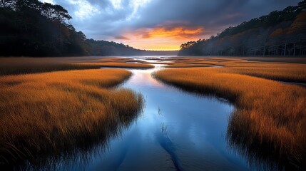 Fototapeta premium The coast of South Carolina features natural salt water marsh and wetlands near the intracoastal waterway, located between Georgetown and Charleston, SC