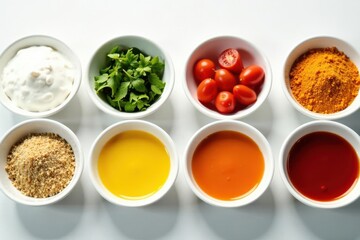 Variety of colorful condiments in small bowls on clean white surface, appetizer, texture, bright