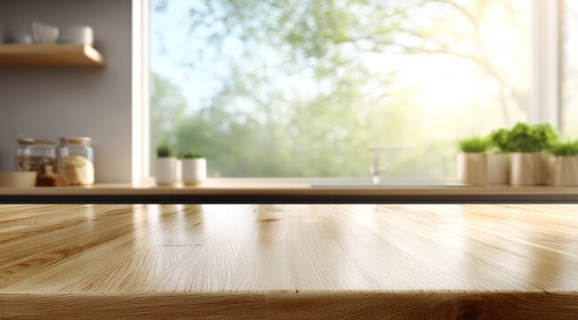 Fototapeta Modern kitchen countertop view, sunlit