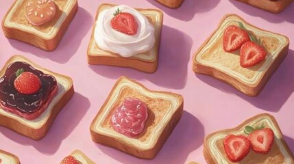 A painting of a bunch of toasted bread with strawberry jam