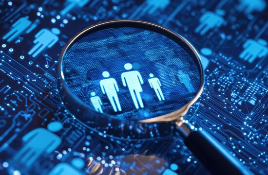 Finding talent through digital pathways.  A magnifying glass focuses on a group of people icons, viewed through a circuit board
