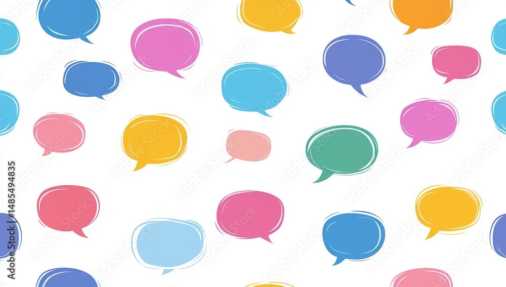 Poster the design element consists of a seamless pattern of colorful speech bubbles positioned on a white b