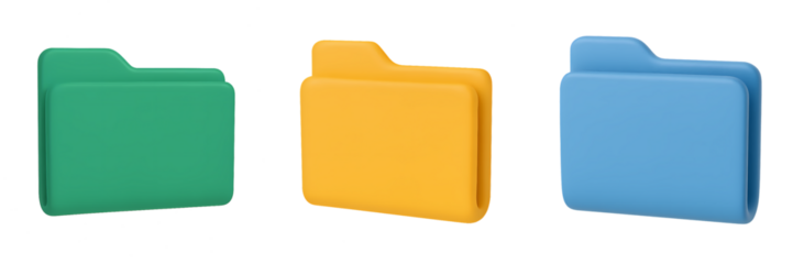 Colorful Folder Collection  isolated on transparent background : Green, Yellow, Blue - Organization and Filing Concepts , Cartoon icon plastic style