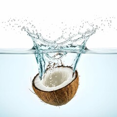 Half a coconut splashing into clear water
