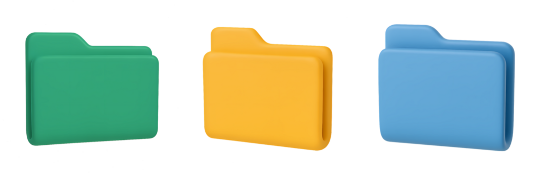 Colorful Folder Collection  isolated on transparent background : Green, Yellow, Blue - Organization and Filing Concepts , Cartoon icon plastic style - Powered by Adobe