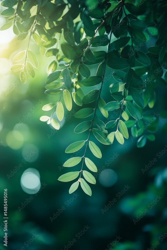 Poster a serene branch is highlighted by the gentle shine of light through overlapping branches