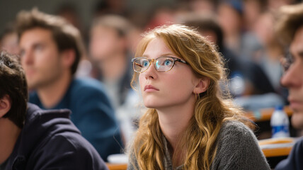 Focused student with glasses attentively listens in crowded lecture hall, surrounded by peers. atmosphere is one of concentration and learning