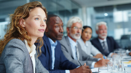 Group of attentive business people in formal attire are listening intently during conference meeting in modern office setting