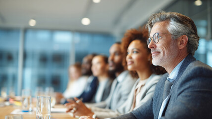 Group of diverse business professionals attentively listening during conference meeting, showcasing focus and engagement in modern office setting