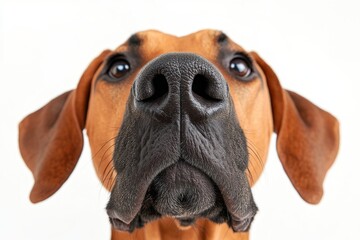 Obraz premium A powerful dog, the mastiff, is showcased in a head shot with a piercing gaze, posed in front of a pure white background, highlighting its powerful build and strong head
