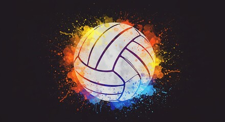 Fototapeta premium Energetic watercolor splashes in orange, yellow, and blue burst around a stylized white volleyball with purple lines, set against a light beige backdrop.