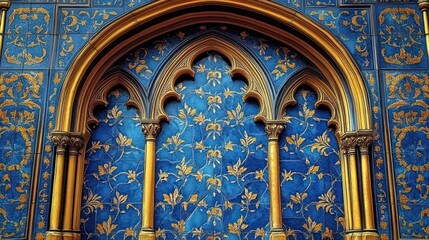 Obraz premium Ornate golden gothic arches set against a richly decorated blue wall adorned with intricate golden floral patterns