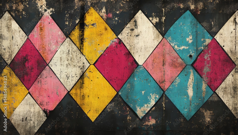 Poster vibrant hues and a simple graphic style define the repeating diamond and square grid, which is also 