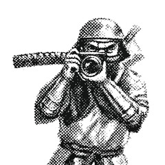 Cyber Samurai with retro photocopy stipple effect, for grunge punk y2k collage design. Vector illustration in vintage halftone brutalist design . streetwear t shirt element 