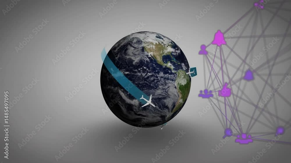 Poster earth globe being animated with orbiting planes and network node icons in 3d render
