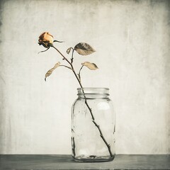 Faded rose in vintage jar with weathered background evoking memories past