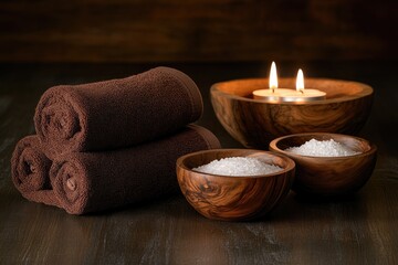 Spa setting with towels, candles, and salt