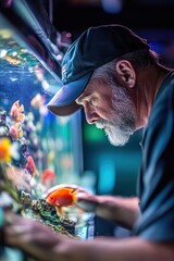 Obraz premium Aquarium enthusiast inspecting vibrant fish tank with colorful fish, underwater scene, hobbyist caring for aquatic life, marine aquarium setup, relaxation.