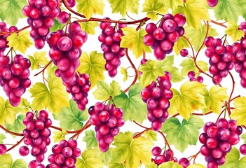 Seamless watercolor pattern of red grapes, vines, and leaves , painting, design