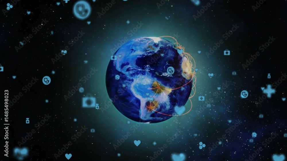 Aufkleber glowing earth floating in space in 3d render, with orange network lines connecting healthcare icons